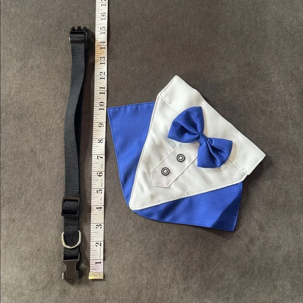 Blue and White Tuxedo Suit Design Pet Dog Bandana with attached Bow Tie NEW